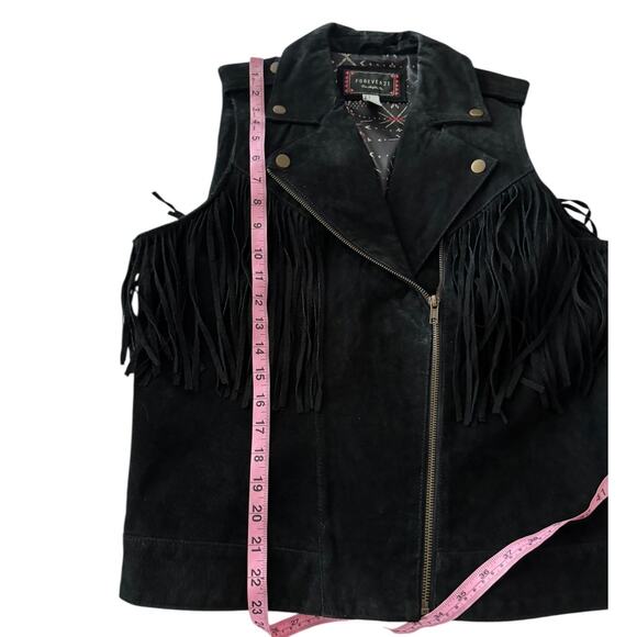 Forever 21 Black Suede Leather Fringe Vest Large‎ Western Biker Rodeo Edgy - Picture 7 of 7